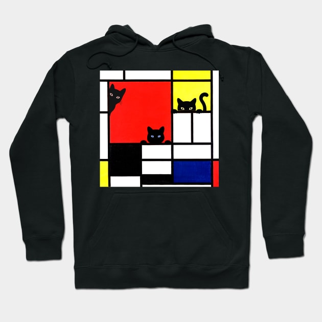 Mondrian Cats Composition with Red, Yellow, Blue, and Black Hoodie by Brasilia Catholic